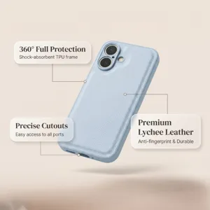 Vista detallada de la funda para teléfono de cuero litchi premium con recortes precisos y protección.
