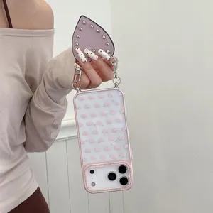 Coque de téléphone coeur strass rose avec lanière pour iPhone étui de protection transparent