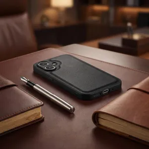 Funda de teléfono de cuero negro de lujo con textura refinada en elegante escritorio.