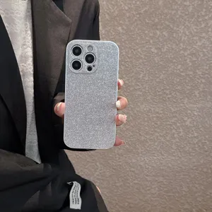 Silver glitter phone case detail, sparkling finish, premium protective cover for iPhone.