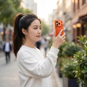 Lifestyle shot of an orange leather phone case held by a model on an urban street background.