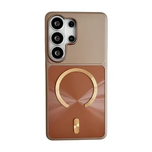 Magnetic protective phone case with metal ring stand for Samsung series, durable PC cover.