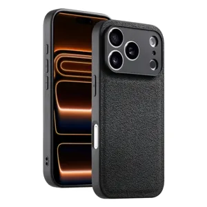 Detailed view of black textured leather phone case, premium anti-drop protective cover.