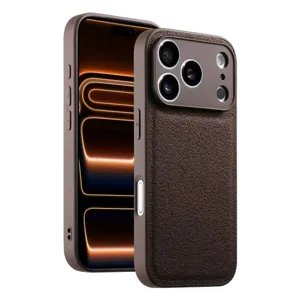 Brown leather phone case for iPhone, premium texture anti-drop protective cover detail view.