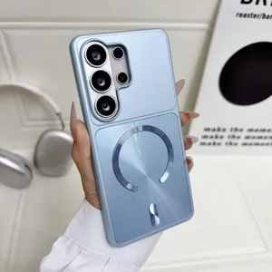 Detailed view of the light blue magnetic shockproof phone case back, showing metal ring and camera holes.