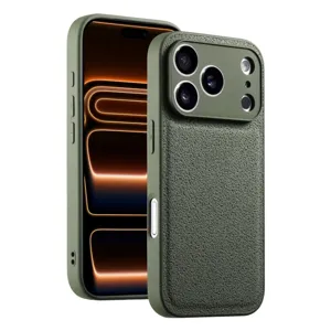 Green leather phone case detail view, premium camera protection and fine texture closeup.