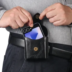 Black leather phone holster for belt waist wear, portable men smartphone pouch case.