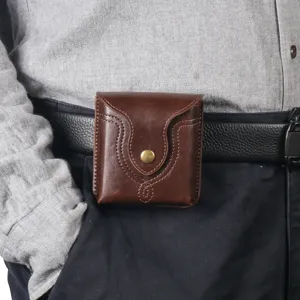 Leather waist pouch detail shot showing belt wear and secure snap button for foldable phones.