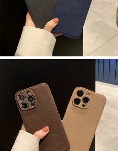 Detailed view of textured leather phone case for iPhone 17 Pro Max, showing fine camera holes.