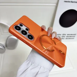 Detailed view of vibrant orange magnetic phone case with metal ring stand for Samsung S26 Ultra.