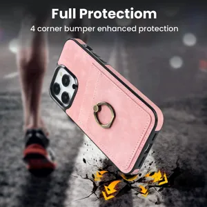 Ροζ δερμάτινη θήκη iPhone με θήκη καρτών και δαχτυλίδι, αντικραδασμική προστασία.
