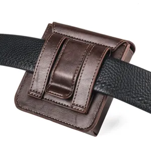 Detailed view of the dark brown leather phone holster featuring sturdy belt loop design.