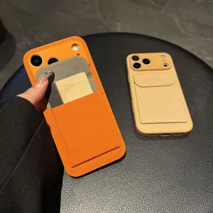 Detailed view of litchi leather phone case with card slot and stand for iPhone 16 Pro Max.