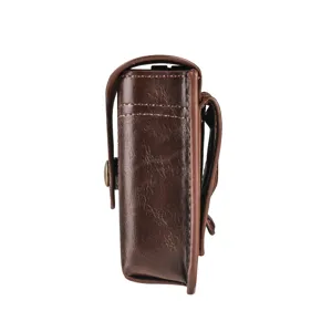 Detailed side view of brown leather phone holster, quality stitching and belt loop design.