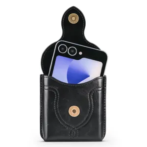 Black leather foldable phone waist bag holster pouch with belt loop for universal smartphone carry