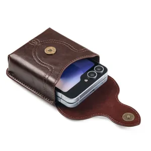 Brown leather waist bag for foldable phones, vintage belt holster case with snap closure.
