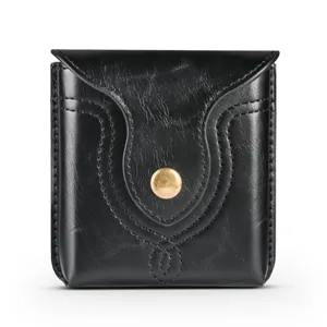 Black leather folding screen phone holster with belt loop and metal snap button design.
