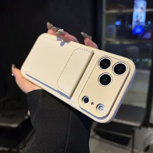 Close up detail view of the premium litchi texture leather phone case featuring card slot.