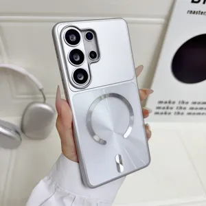 Detailed close-up of magnetic silver phone case, showing durable PC material and metal ring.