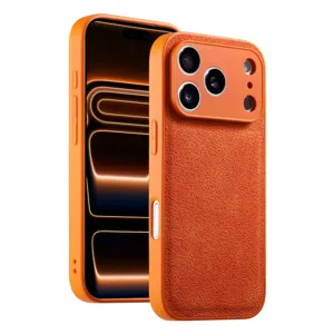 Oranje lederen textuur telefoonhoesje voor iPhone, valbestendige beschermhoes met precieze uitsparingen.