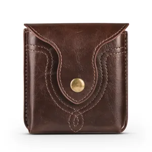 Brown leather folding phone holster detail, compact design with metal snap button and neat stitching.