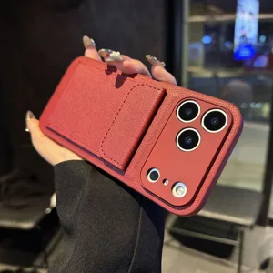 Red leather phone case with card holder stand litchi grain protective cover for iPhone 16 Pro Max