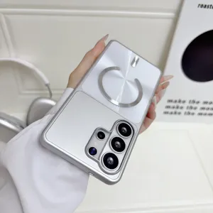 Silver magnetic phone case compatible with Samsung, durable PC protective cover with metal ring.