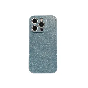 Blue glitter phone case for iPhone, stylish sparkly protective cover with camera protection.