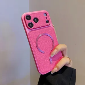 Custodia per telefono magnetica in pelle rosa dettaglio, design anti-impronta per smartphone.