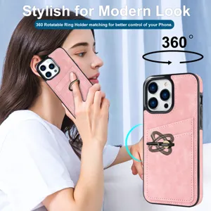 Ροζ δερμάτινη θήκη τηλεφώνου iPhone με θήκη καρτών και λεπτομέρεια βάσης δαχτυλιδιού.