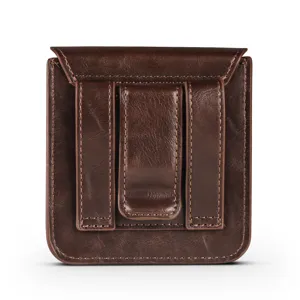 Dark brown leather phone holster detail showing sturdy belt loop and clip for foldable mobile.