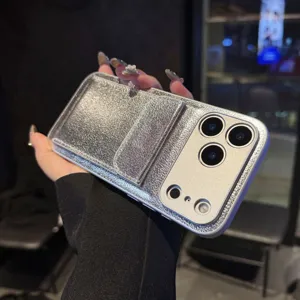Silver glitter leather iPhone case with cardholder wallet stand 2-in-1 protective back cover