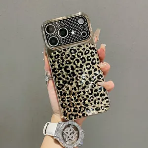 Rhinestone leopard print protective phone case compatible with Apple iPhone 17 Pro Max 16 Pro Case