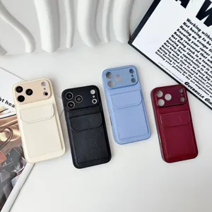 Detail view of lychee pattern magnetic leather phone case with card holder pocket.