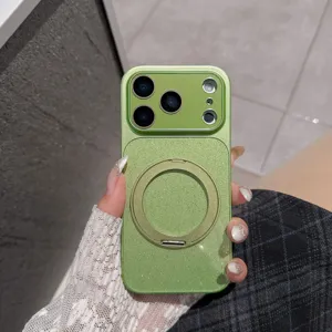 Green glitter phone case back detail, showcasing 360-degree rotating magnetic ring bracket.