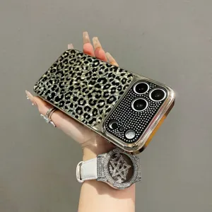 Bling leopard print phone case luxury rhinestone camera protector compatible with iPhone 16 Pro Max