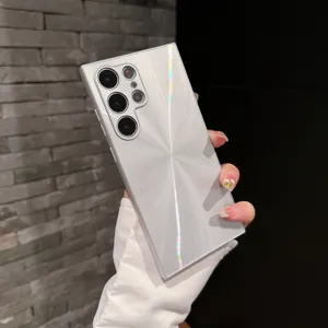 Close-up detail of the silver CD texture phone case showing glossy finish and camera cutout.