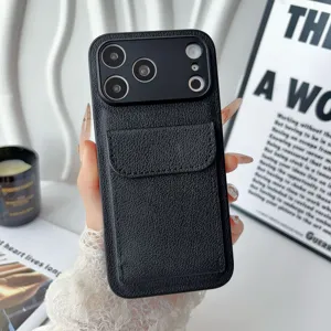 Black leather phone case with card holder wallet and camera protection for iPhone 18 Pro