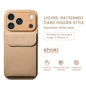 Khaki lychee-patterned card holder phone case with precision holes, durable and anti-fingerprint.