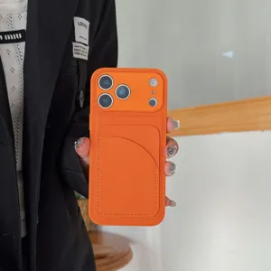 Orange leather phone case with card holder, premium plain texture protective back cover.