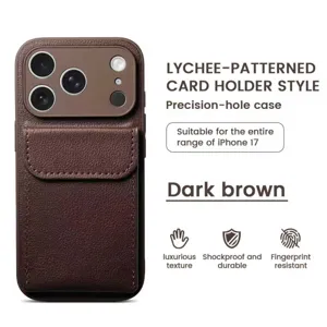 Detail view of the brown leather magnetic card holder phone case showing fine texture.