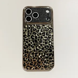 Rhinestone leopard print phone case detail, full coverage drop proof protective design for phone.