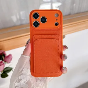 Orange leather phone case with card holder slot, premium protective cover for iPhone 16 17
