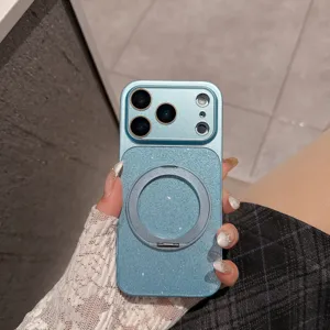 Blue glitter magnetic phone case with 360 rotating ring stand for iPhone protection.