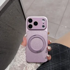 Magnetic glitter phone case with 360 ring stand and camera protection for iPhone 16 Pro.