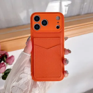 Orange leather phone case with card holder, luxury anti-drop cover for iPhone series.