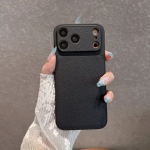 Close-up of black leather texture phone case featuring camera protection frame and clean finish.
