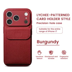 Luxury lychee-patterned card holder phone case with precision cutouts and shockproof protection.