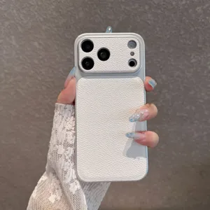 White textured leather phone case with silver camera frame compatible for iPhone pro max.