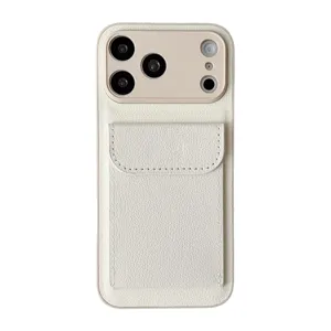White litchi pattern leather phone case with card holder and camera protection for iPhone.
